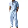 Conjunto de Camisa de Lino de Manga Corta con Solapa de Verano Europeo y Americano Transfronterizo Pantalones Casuales Sueltos para Hombre Conjunto de Dos Piezas Ropa para Hombre al por Mayor