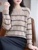 Tricô Clássico de Listras Horizontais com Gola Redonda para Outono, Pulôver Color Block de Manga Longa para Mulheres, Macio e Aconchegante, para o Trabalho e Casual