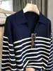 Explosiones Principios de Otoño Cuello Polo Tejido de Lana Holgado Perezoso Solapa Jersey Camisa Base Rayada Versátil Superior