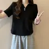 Camiseta Manga Curta Botão 230g Fio Duplo Algodão Puro 32 Contagens Feminina Top Verão Gola Polo Cor Sólida Estilo Coreano Roupa