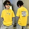 Camiseta Estilo Coreano Menino Bonito Falsa Duas Peças Manga Longa Primavera e Outono Novo Estilo Meninos Médio e Grande Crianças Solta Camada de Base Pura Algodão