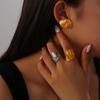 Aretes de Acero de Titanio Chapados en Oro de 18K Europeos y Americanos con Patrón de Líneas Pulido a Mano Moda Ins Diseño Simple Juego de Anillo para Mujer