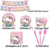 Em estoque Decorações de Festa Rosa Hello Kitty Pratos de Papel de Aniversário Copos de Papel Bandeirolas Balões Conjunto de Talheres Descartáveis