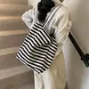 Bolsa de Lona Listrada 2024 Novo Estilo Coreano Ins Tote Casual Bolsa de Ombro Grande Capacidade Bolsa Tote Sacola de Compras
