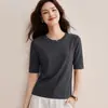 Camiseta Elegante de Cuello Redondo y Manga Media para Mujer, Textura de Bambú, 2026, Manga Tres Cuartos, Top Básico Casual Simple
