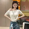 Top de punto calado de ganchillo estilo coreano, de un solo hombro y manga corta para mujer, top básico simple de verano que estiliza la cintura