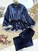 Pijama Feminino Europeu e Americano Transfronteiriço Manga Longa Confortável Cor Sólida Seda Gelada Cetim Renda Sexy Seda Artificial Robe Externo Roupa de Casa