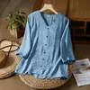 Top Casual Suelto de Moda para Mujer de Verano, Bordado Retro de Algodón y Lino, Cuello en V, Manga Media, Tallas Grandes para Mujeres de Mediana Edad