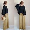 Conjunto Quente de Quatro Cores em Estoque para Primavera e Outono de 2026: Conjunto Casual de Duas Peças: Blusa Gola Redonda Color Block e Calça Wide Leg