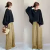 Conjunto Quente de Quatro Cores em Estoque para Primavera e Outono de 2026: Conjunto Casual de Duas Peças: Blusa Gola Redonda Color Block e Calça Wide Leg