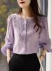 Camisa Elegante de Estilo Francés con Posicionamiento de Bordado Elegante Cuello Redondo Manga Larga Top Manga Farol Camisa de Protección Solar para Mujer Primavera y Verano