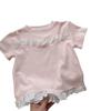 Estilo Coreano Bebê Menina 2025 Verão Falso Duas Peças Renda Estilo Coreano Manga Curta Bebê Menina Verão Blusa Combina com Tudo