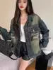 Jaqueta Jeans Rasgada Vintage Americana para Mulheres, Novo Estilo Primavera, Tamanho Grande, Caimento Solto, Comprimento Médio, Jaqueta Trendy Streetwear