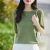 Hilo de Algodón Puro Dobladillo Enrollado Hueco Cuello Redondo Tejido Manga Corta Mujer 2026 Primavera Verano Nuevo Estilo Artístico Camiseta de Algodón Puro Manga Corta Mujer