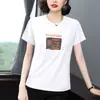 2026 Nova Camiseta de Verão Fina de Manga Curta Solta Versátil Ombro Normal Nova Tamanho Grande Gola Redonda Top para Mulheres de Meia-Idade