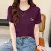Camiseta de Verano de Manga Corta Bordada Lyocell Yunju para Mujer, Popular Camiseta Básica de Cuello Redondo, Top de Manga Corta Más Vendido para Mujer, Al por Mayor