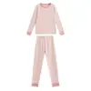Pijama infantil de outono e inverno com blocos de cor, roupa de casa infantil, conjunto de roupa íntima térmica para meninas, suéter de algodão de camada base