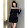 Vestido de Falda Irregular Larga con Manga Larga Incrustado de Diamantes Ajustado para Mujer Otoño Temprano Nuevo Falda Negra