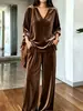 Colección de otoño/invierno 2026 europea y americana transfronteriza: Elegante conjunto de otoño estilo coreano para mujer, con un top de cuello en V y pantalones de pierna ancha, un conjunto de dos piezas
