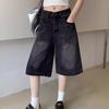 Pantalones Capri de mezclilla negros y grises retro americanos para mujer, Verano Nuevo Cintura alta Petite Rectos Pierna ancha