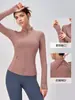 Jaqueta de yoga estilo Lulu para mulheres, gola alta, corte justo, manga longa, top esportivo com zíper e costas em malha respirável para fitness