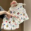 Conjunto Duas Peças Verão 2026 Novo Desenho Animado Fofo 3D Bolso Regata Camiseta e Calça para Meninos e Meninas