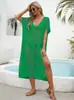 Cubierta personalizada, ropa europea y americana transfronteriza para mujer, top de punto calado, salida de baño bikini playera de cuello en V profundo, vestido de vacaciones 862