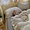 Juego de Cuatro Piezas de Encaje 100% Algodón Estilo Ins, Falda de Cama Estilo Coreano Clase A, Funda de Edredón de Algodón Puro, Juego de Tres Piezas de Encaje Vintage Estilo Princesa para Dormitorio