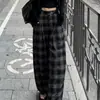 Pantalones de Cuadros Retro Negros y Grises Uncle Carrot para Mujer Primavera 2026 Casual Perezoso de Cintura Alta Abotonados Sueltos de Pierna Ancha