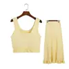 Nuevo Conjunto de Punto de Color Sólido de Verano con Cuello Cuadrado, Chaleco Corto, Falda Larga con Volantes Calados de Cintura Alta, Conjunto de Dos Piezas para Mujer