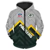 Suéter cardigã com capuz e zíper casual da moda 2023 popular outono e inverno com estampa digital 3D de time de futebol da NFL