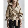2026 Gabardina corta cruzada color caqui transfronteriza, estilo commuter primavera y otoño, cintura con cinturón, mangas abullonadas, chaqueta para mujer