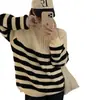 Suéter Pulôver Gola Lapela Listrado com Zíper Chegada Nova Outono e Inverno Estilo Coreano Moda Feminina Versátil Solto Preguiçoso