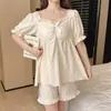 Algodão Nuvem Novo Estilo Pijama Feminino Manga Curta Shorts Jacquard Xadrez Renda Acabamento Conjunto Roupa de Dormir Roupa de Casa