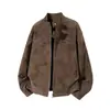 Chaqueta de cuero color marrón Melad, chaqueta Harrington vintage unisex, cuello alto, estilo corto, chaqueta de béisbol con acabado mate