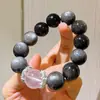 Pulseira com Design de Cristal Branco Leitoso e Obsidiana Prateada de Partículas Grandes de 16mm