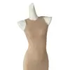 Vestido sin mangas de color Té con Leche Muse Francés con Cuello Redondo Pequeño para Mujer, Primavera y Otoño, Vestido Largo que Ceñe la Cintura, Mezcla de Algodón, Corte Ajustado