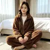 Conjunto de Dos Piezas de Coral Fleece Doble Cara para Invierno Ropa Casual para el Hogar Ropa de Abrigo Ropa para Dormir Sudadera de Manga Larga Pantalones Casuales Conjunto para Mujer