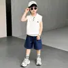 Conjunto Casual Estiloso de Verão para Meninos, Conjunto de Duas Peças Tendência com Colete de Tricô Fino Gola Polo e Shorts para Menino