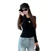 Top elástico de manga larga estilo diseñador con cuello redondo y bordado, corte ajustado, suave y acogedor, adecuado para otoño e invierno, camiseta básica casual para mujer