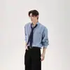 Camisa Retro Americana de Manga Larga con Rayas Verticales y Diseño de Corbata, Top Versátil Casual Estilo Universitario para Primavera y Verano