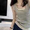 ¡Chaleco de punto simple de rayas finas! Top Corto de Tirantes Delgados sin Mangas para Mujer, Ajustado, Versátil, Adelgazante