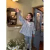 [Ningli] Camisa de Otoño para Niñas, Camisa de Algodón a Cuadros con Parches Florales para Bebés y Niños Pequeños, Camisa de Encaje Estilo Coreano, Moderna