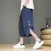 Shorts casuais de algodão e linho listrados de verão para homens, corte reto solto com cordão, calças de linho vintage de comprimento médio em branco