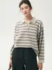 Suéter de Cashmere com Gola Polo Feminino Outono 2026, Tricô Listrado de Manga Longa, Estilo Old Money, Top Relaxado e Casual