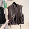Colete de couro elegante e sofisticado sem mangas para mulheres, nova coleção outono 2026, com cordão na barra, caimento solto, peça de sobreposição versátil