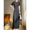 Vestido Longo Casual de Manga Curta com Gola Redonda Lisa, Cintura Apertada Emagrecedor, Malha Ice Silk Quzhu para Mulheres