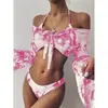 2027 Amazon Europa e América Comércio Exterior Tie-dye Conjunto de Biquíni Feminino Separado Sexy Manga Longa Três Peças Em Estoque Biquíni Estampa de Leopardo