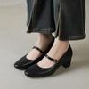 Couro de Vaca Camada Superior Lavada Simples Sapatos Mary Jane Versáteis Primavera 2025 Salto Médio Grosso Bico Redondo Couro Genuíno Sapatos de Botão Único para Mulheres