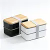 Lonchera con Compartimentos, Lonchera de Doble Capa, Gran Capacidad, Lonchera de Plástico Estilo Japonés con Correas, Acabado Madera, Lonchera Bento Caliente de Venta Transfronteriza
